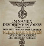 WWII German Knights Cross of the Iron Cross Formal Award Document