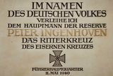 WWII German Knights Cross of the Iron Cross Formal Award Document