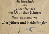 Third Reich Bronze Mothers Cross Award Document