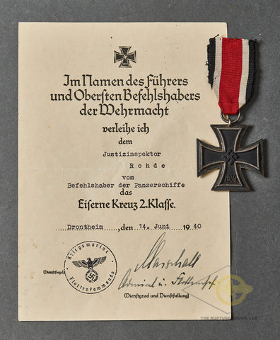 German WWII Iron Cross 1939 2nd Class with Document Signed by an Admiral