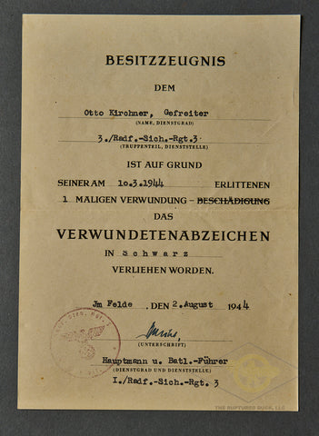 WWII German Black Wound Badge Award Document