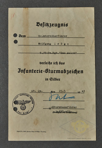 WWII German SS Infantry Assault Badge Award Document